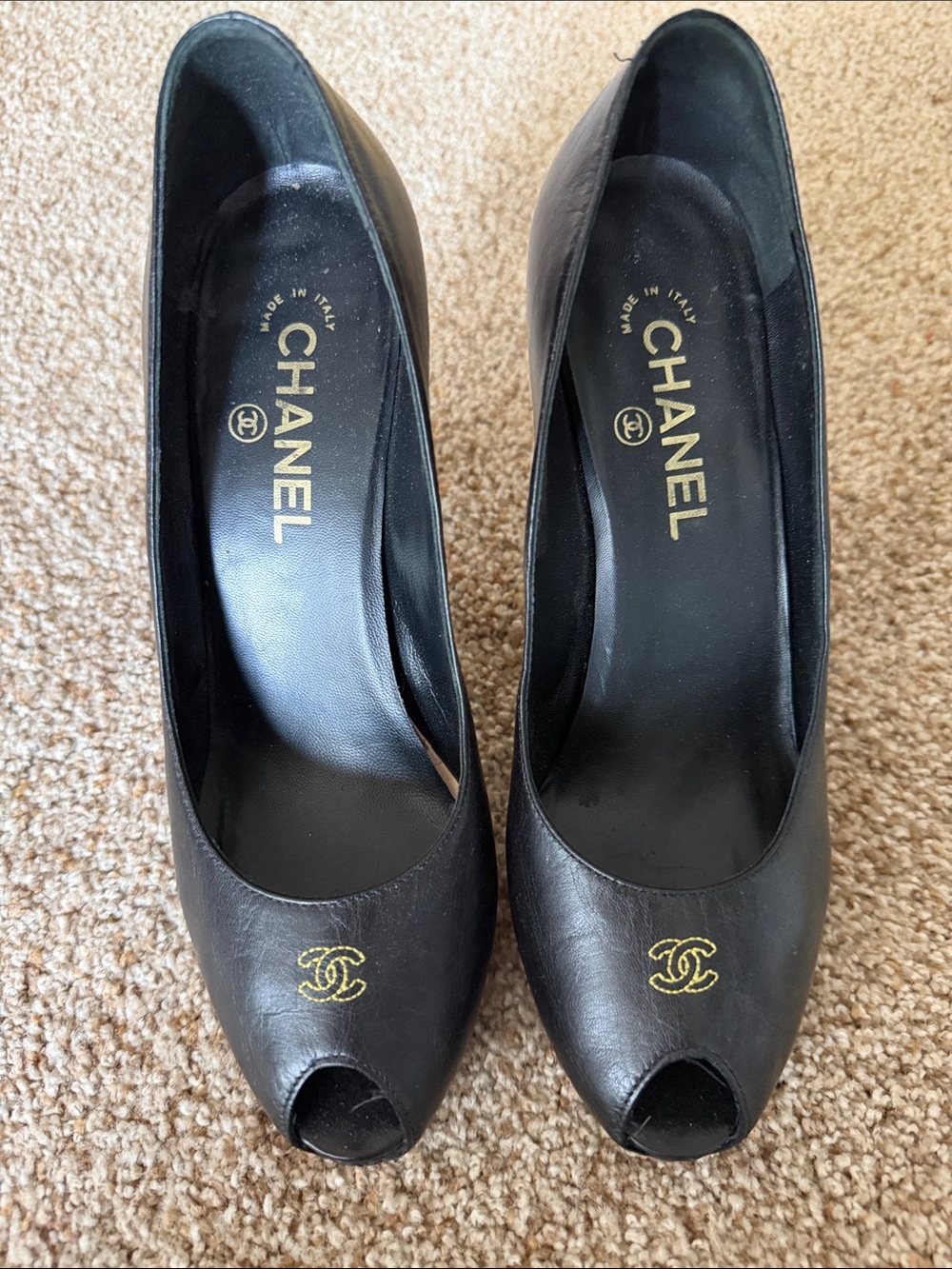 Vintage CHANEL Black Leather Peep-Toe Pumps with Gold CC Emblem